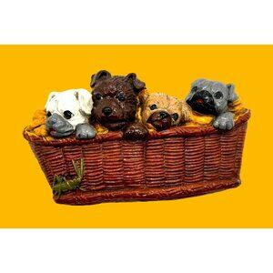 Adorable‎ Puppies In Basket Wall Decoration – Hand-Painted Ceramic 7" x 5"